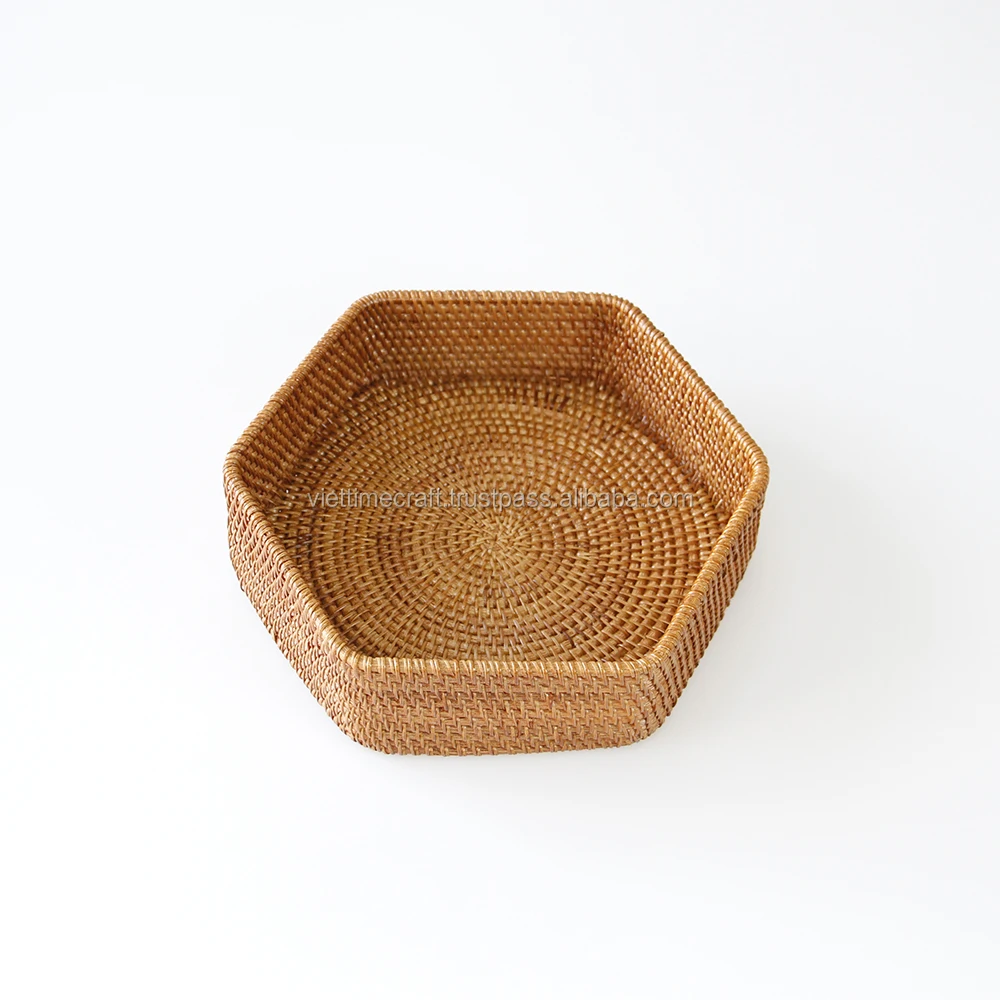 New Design Hexagon Rattan Serving Food Tray Set Of 2 Rattan Basket Tray