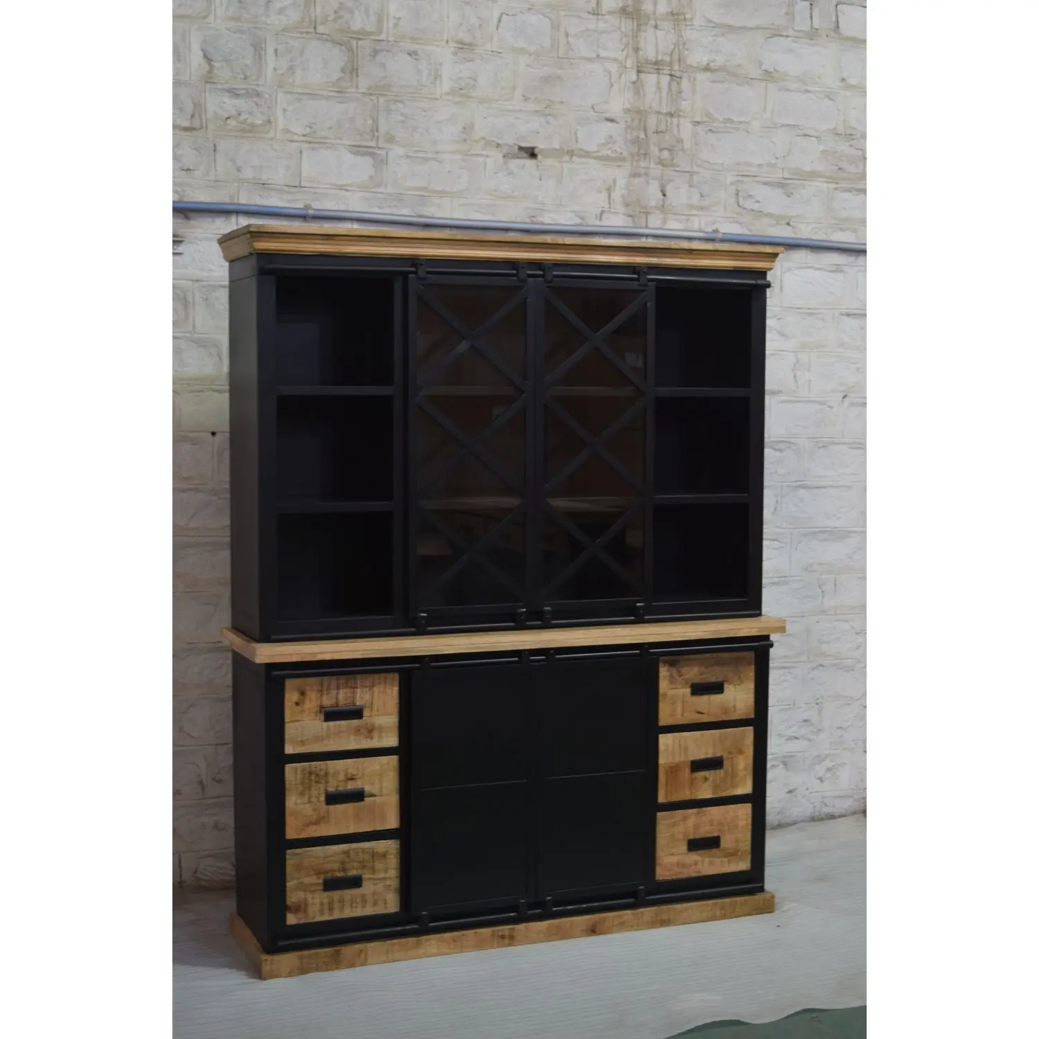 Industrial Modern Double Glass Panel Hutch Buffet Mango Wood Large