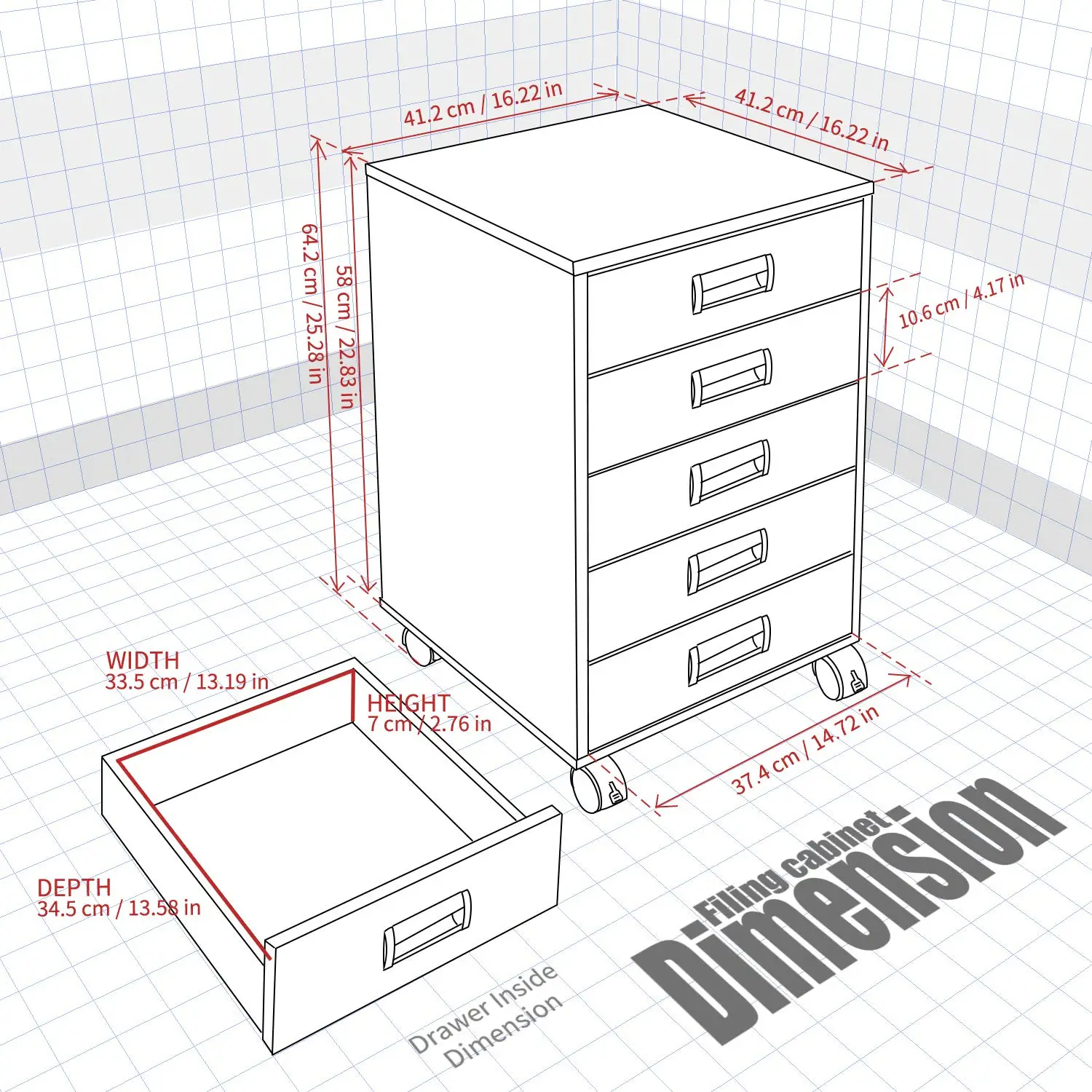 Office Steel 4 Tier Filing A4 File Drawer Metal Storage