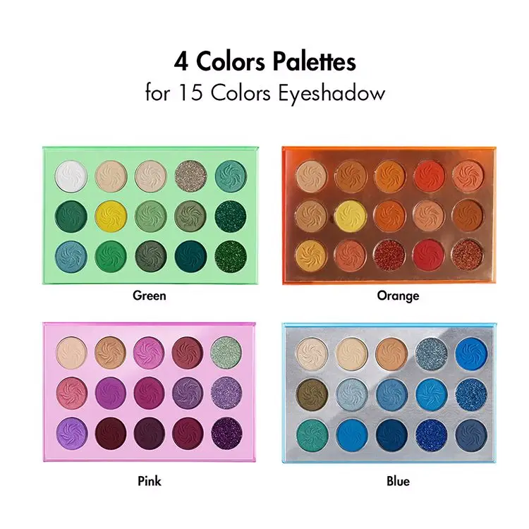 4 Colors Palettes OEM ODM 15 Colors Mattes Custom No Logo Low Moq Private Label High Pigment Eyeshadow Palette Glitter
