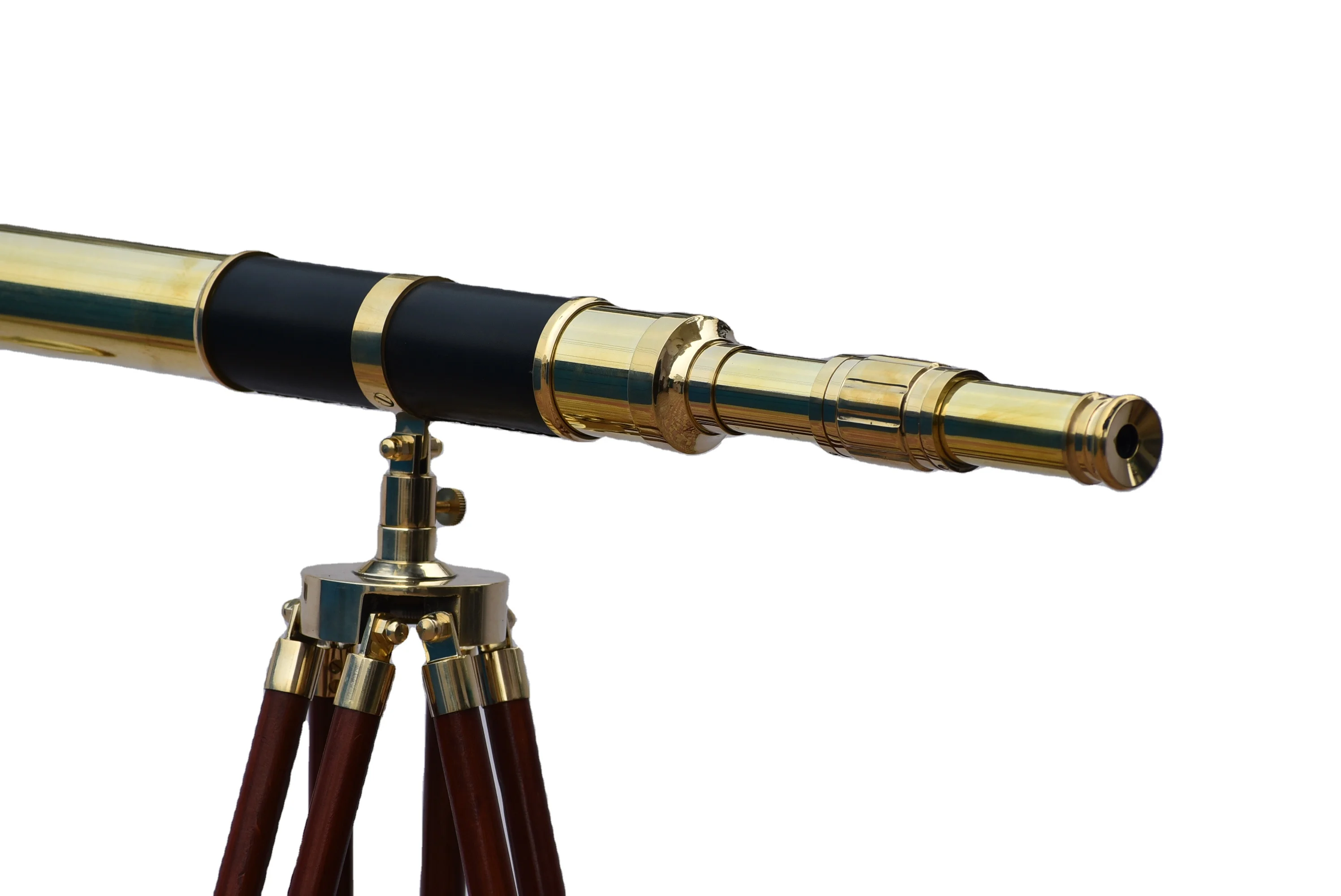 High Magnification Floor Standing Shiny Brass And Black Leather Telescope With Brown Wooden