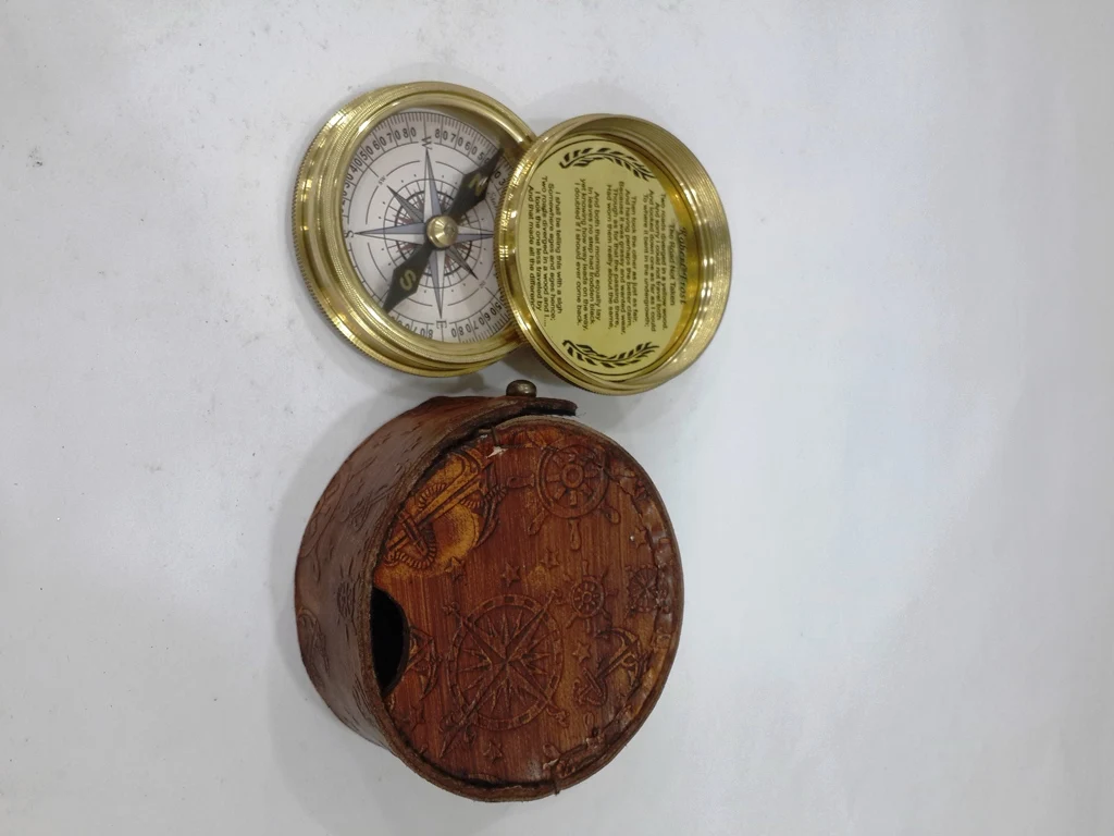 Collectible Poem Flat Compass Leather Case Brass Marine Pocket Compass 1920 Gift Item Buy