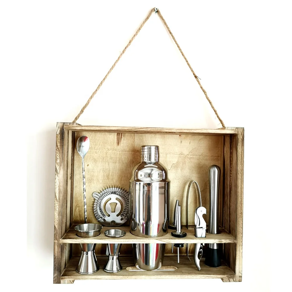 
Custom Logo Home Bar 304 SS 11-Piece Bar Tool Set with Patent Pending Rustic Wood Stand Bartender Cocktail shaker set 