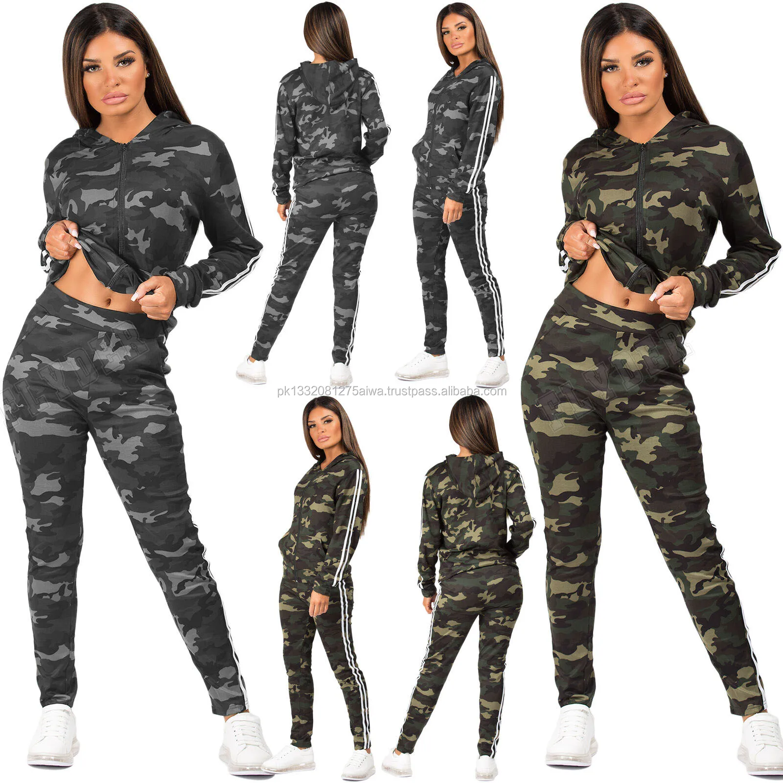 Ladies Women's Army Camouflage Print 2 Piece Tracksuit Jogging Lounge Suit 8-24 
