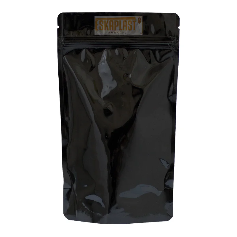 glossy black aluminium doypack foil mylar bags coffee tea