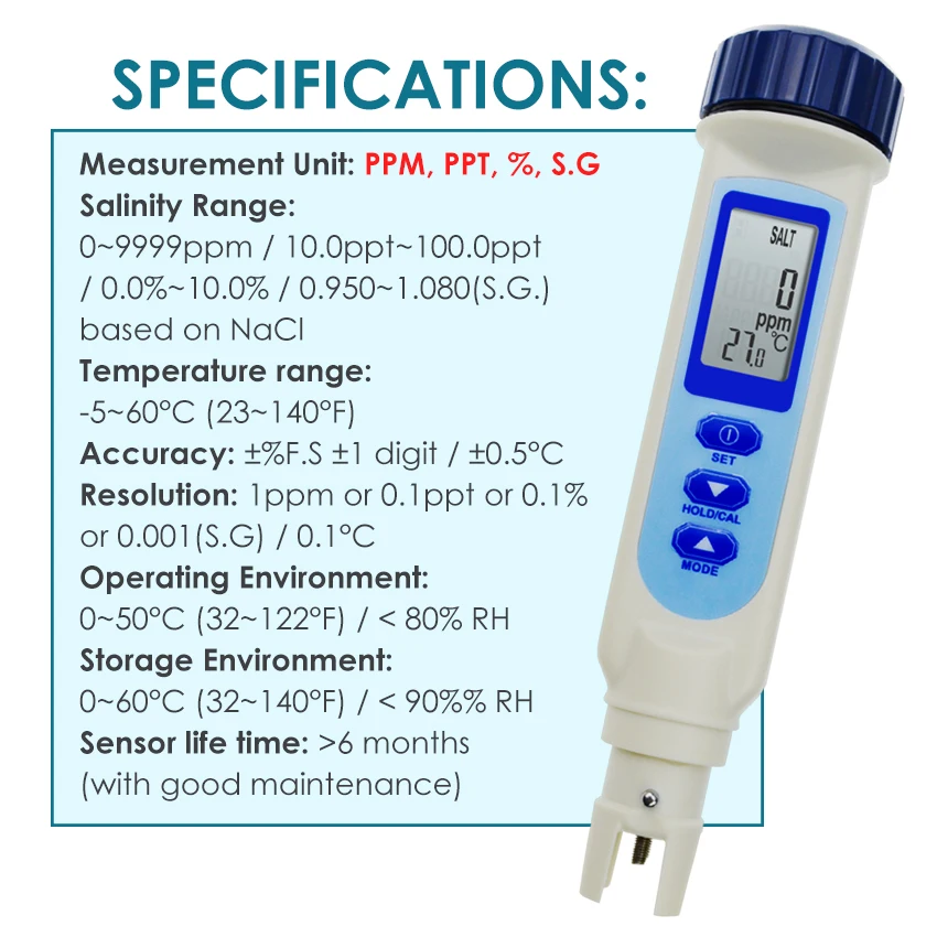 Temp&ppm Meter with Automatic Calibration Function and EC1413 Buffer Solution Pen Type Salinity Tester 