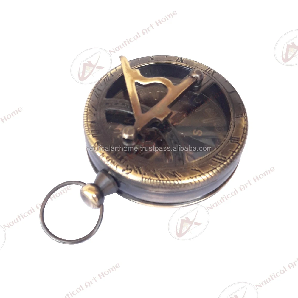 Camping, Nautical Marine Brass Push Button Pocket Sundial Compass WLeather Box Gift London Pocket Compass Ideal for Gift