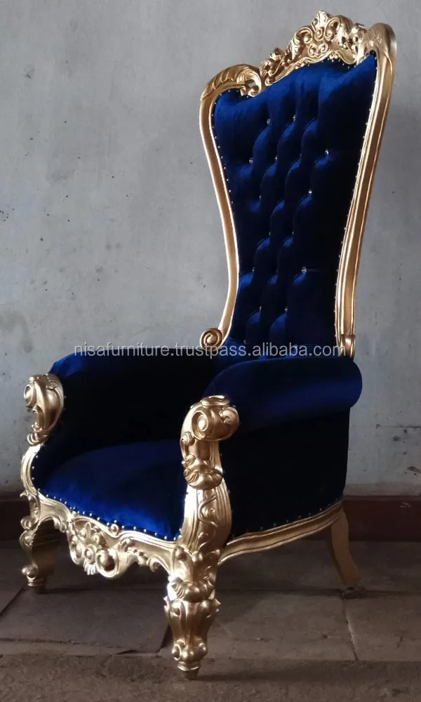 Dark Blue Velvet Cheap French Black Baroque High Back King Throne Chair