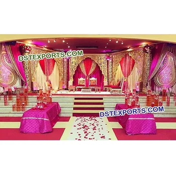 Golden Reception Stage Wedding Four Pillars Golden Carved Stage