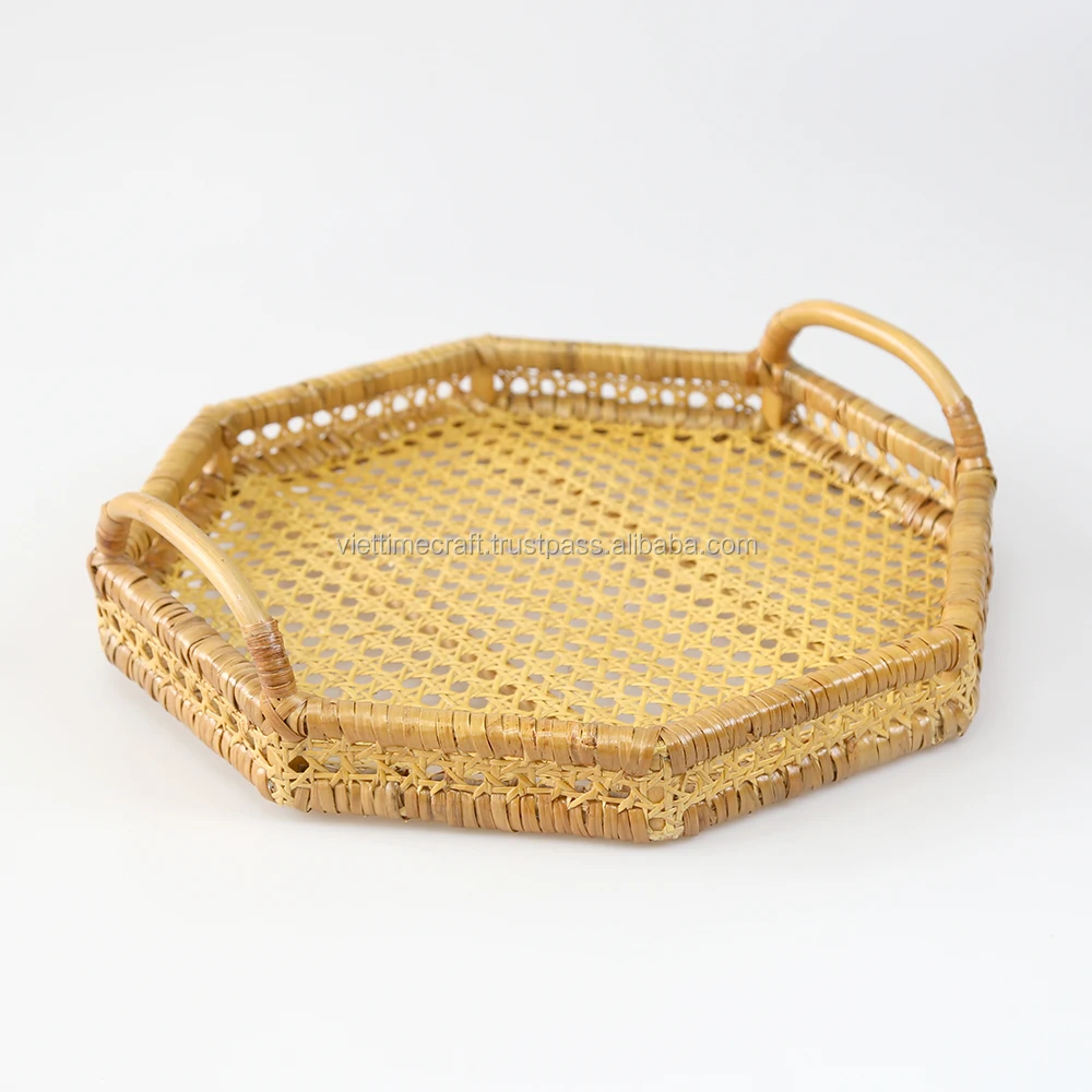 Natural Handwoven Rattan Serving Basket Tray With Handles Wholesale