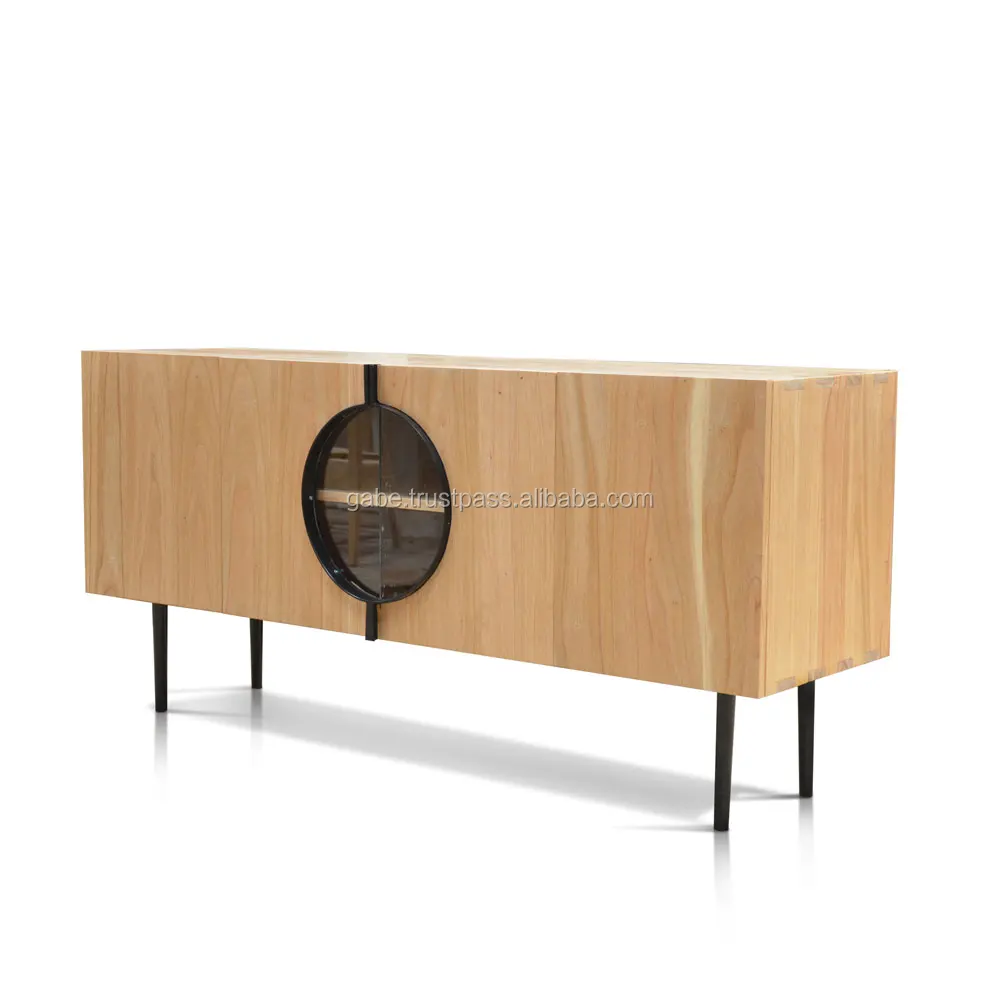 Solid Wooden Sideboard Natural Colour With Round Glass Doors Buy