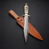 Custom Made Damascus Steel Hunting Knife + Pouch D-06