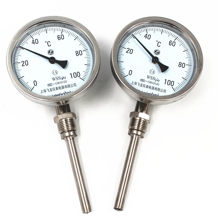 WSS-411 100mm 0-100C Bottom Connected Industrial Bimetal Thermometer Pipe Thermometer Customized Probe and Thread