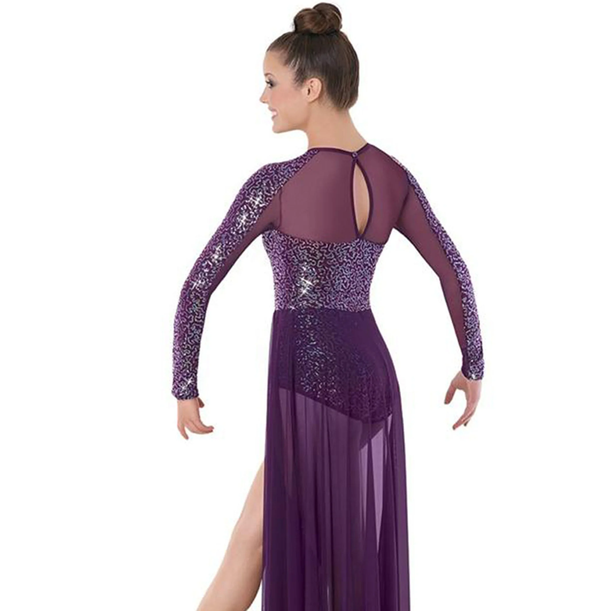 Sequin Latin Dance Long Dress Stretch Mesh Stage Performance Dance Wear