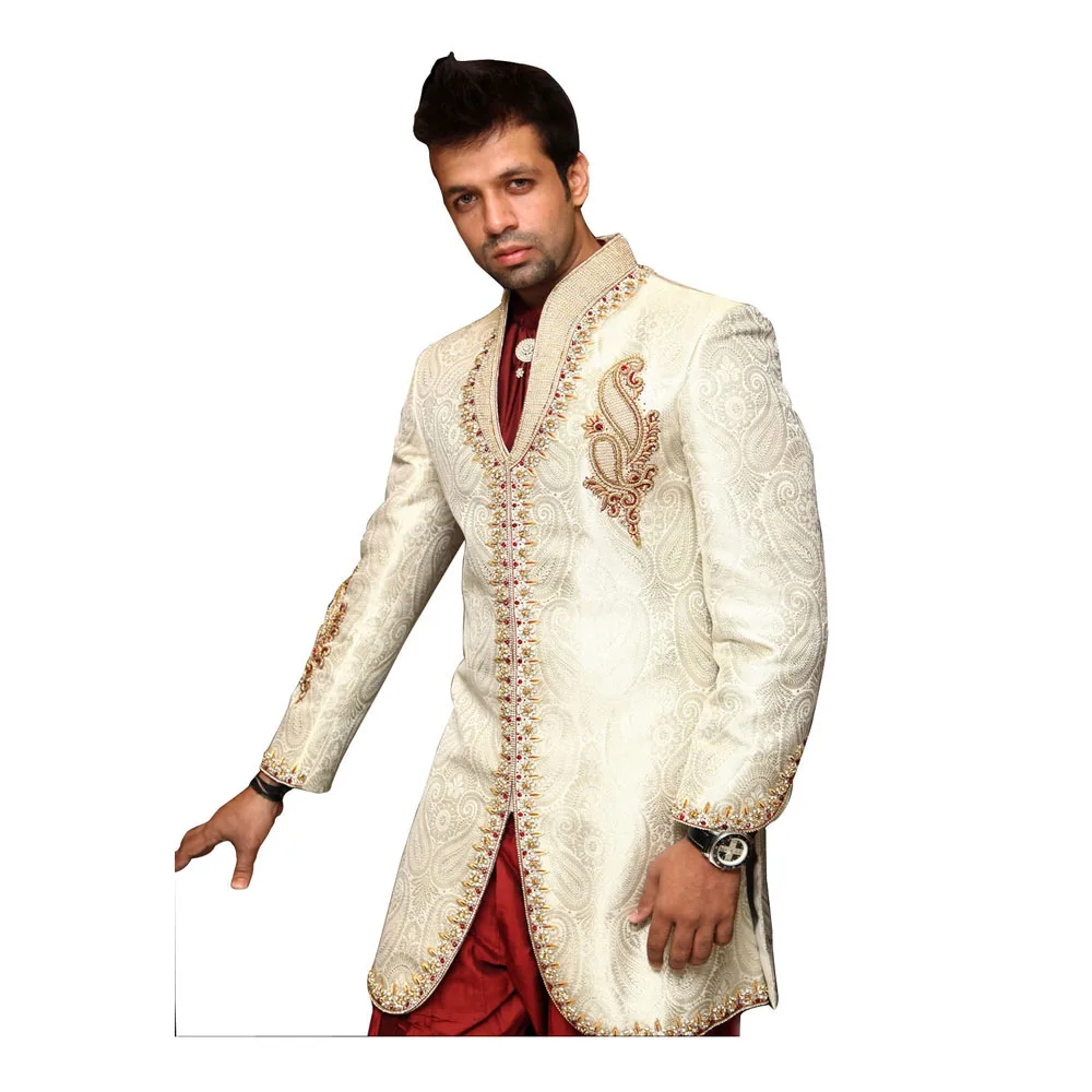 
Off White Trendy Indian Wedding Sherwani Kurta Pajama For Men Modern Sherwani Sewn To Perfection On Fine Jari Brocade Fabric 