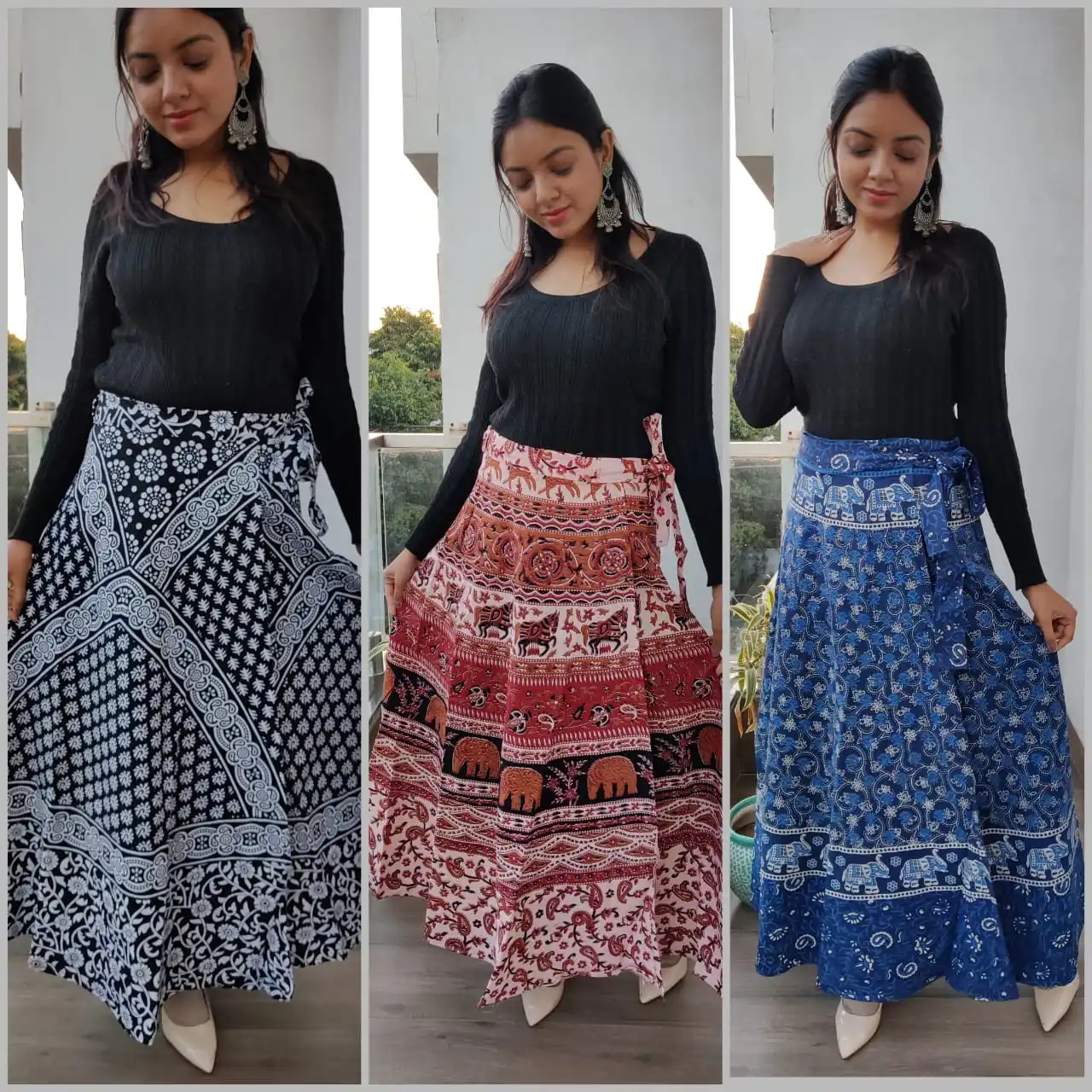 Grey - Sanganeri Block Print Cotton Wrap Around Skirt 02