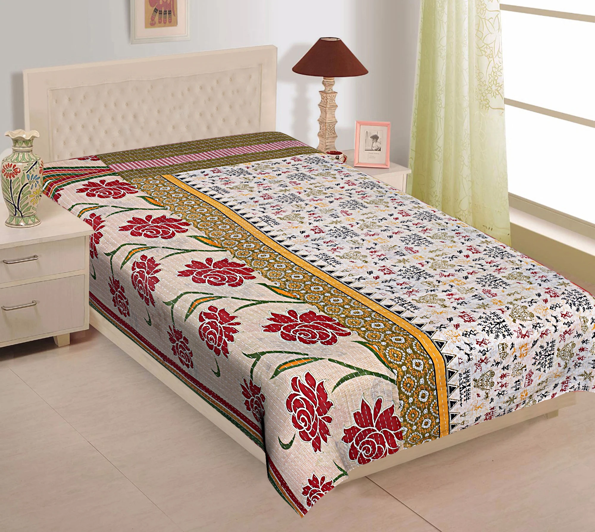 Vintage Kantha Quilt Coverlet Indian Bedding Bedspread Blanket Decor lot Throw 