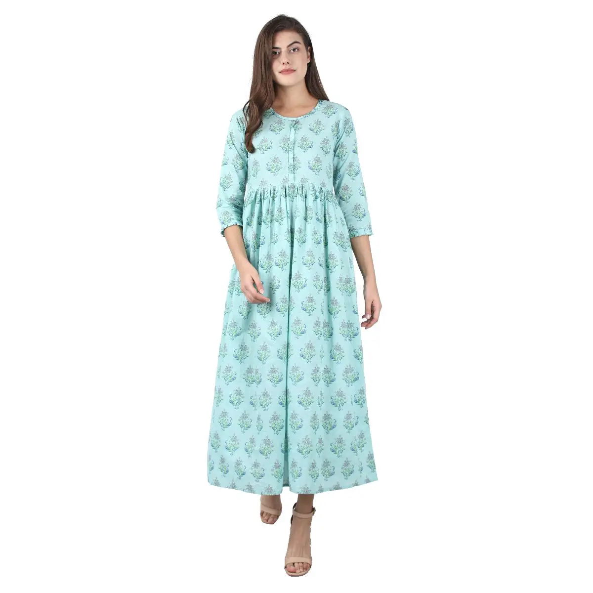 Sea Green Printed Ankle Long Ethnic Dress - Indian Designers Cotton Casual  Dresses Formal Evening Party Latest Dress Designs - Buy Simple Cotton  Kurtis,Ladies Smart Casual Dress,Casual Elegant Dress Code Product on