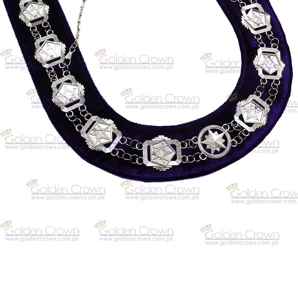 Oes Masonic Compass Square Chain Collar Silver On Blue Velvet