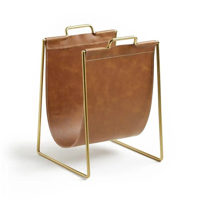 Leather Book Rack Golden Metal and Leather Magazine Rack for Tableware and Floor Books ...