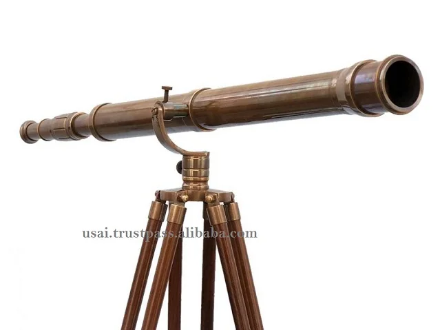 Antique Brass Leather Telescope Nautical With Stand Wooden Tripod Vintage Decor 