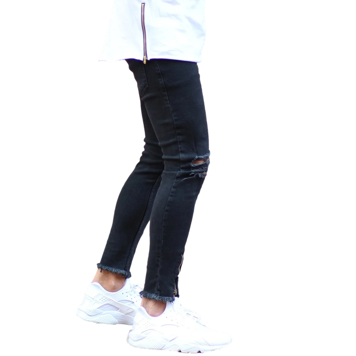 Casual 100% Cotton Men Skinny Jeans With Knee Rips And Zip In 