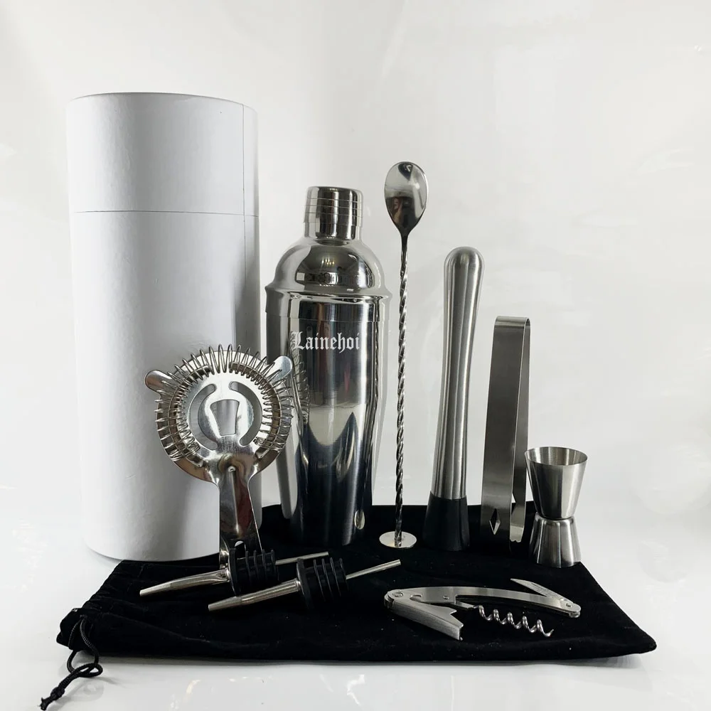 
Factory Customize 9pcs Home Bar Food Grade SS304 Stainless Steel Mixology Bar tools Bartender Kit Cocktail Shaker kit 