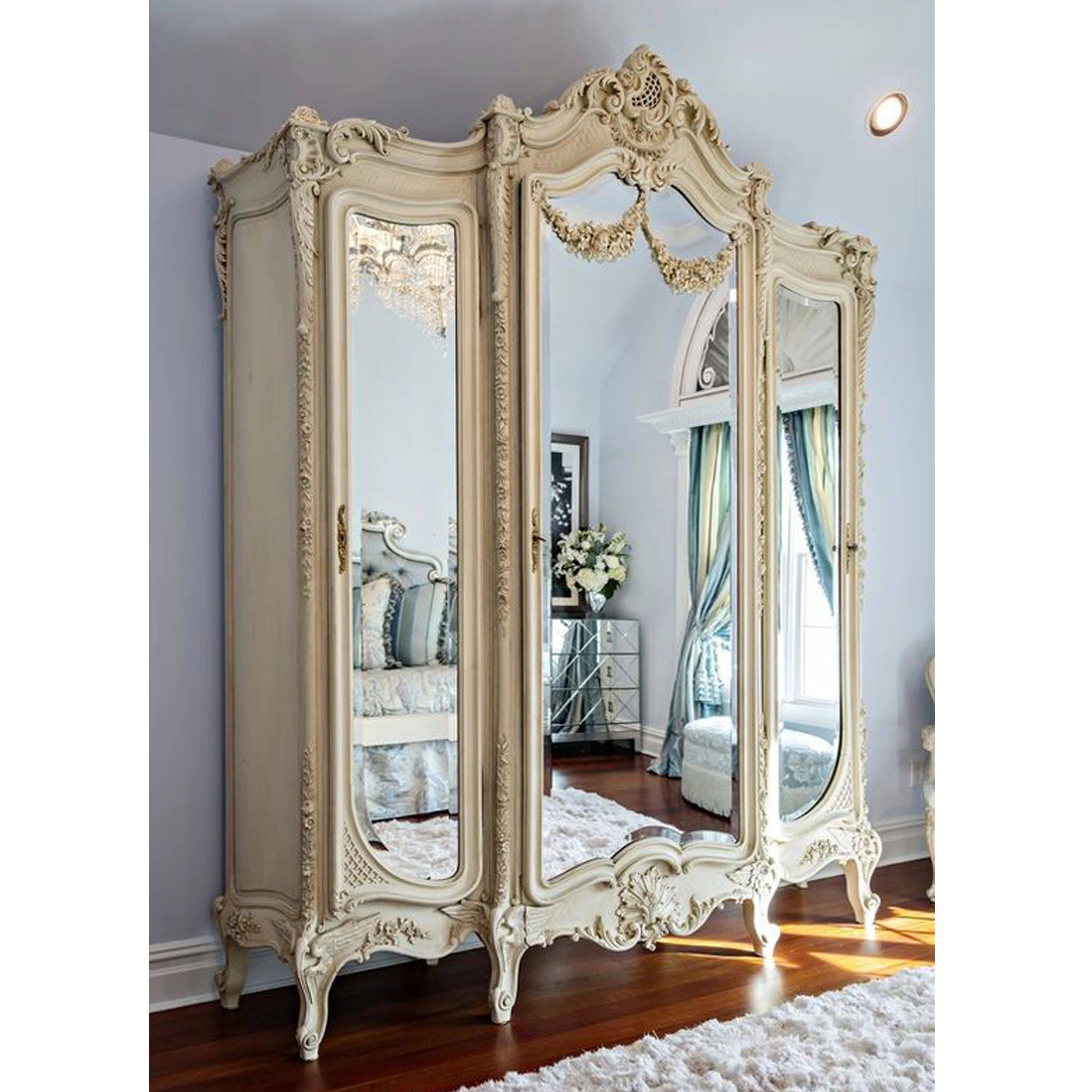 Antique Gold Wardrobes Armoire Made From Solid Wood With Mirror Door