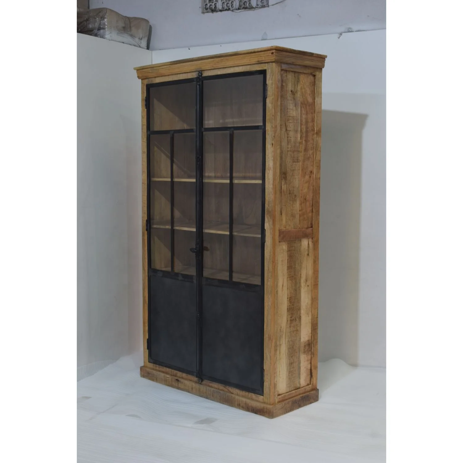 Tall Mango Wooden Almirah With Glass Panel Vintage Industrial