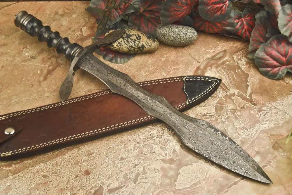 定制手工大马士革钢生存长刀片狩猎剑