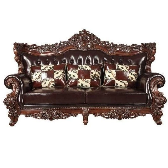 Wooden Classic And Antique Leather 3 +1 +1 Sofa Set Brown In Teak Wood