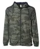 woven coach jacket featuring an allover camo print basic collar long raglan sleeves with ribbed knit cuffs snap-button front