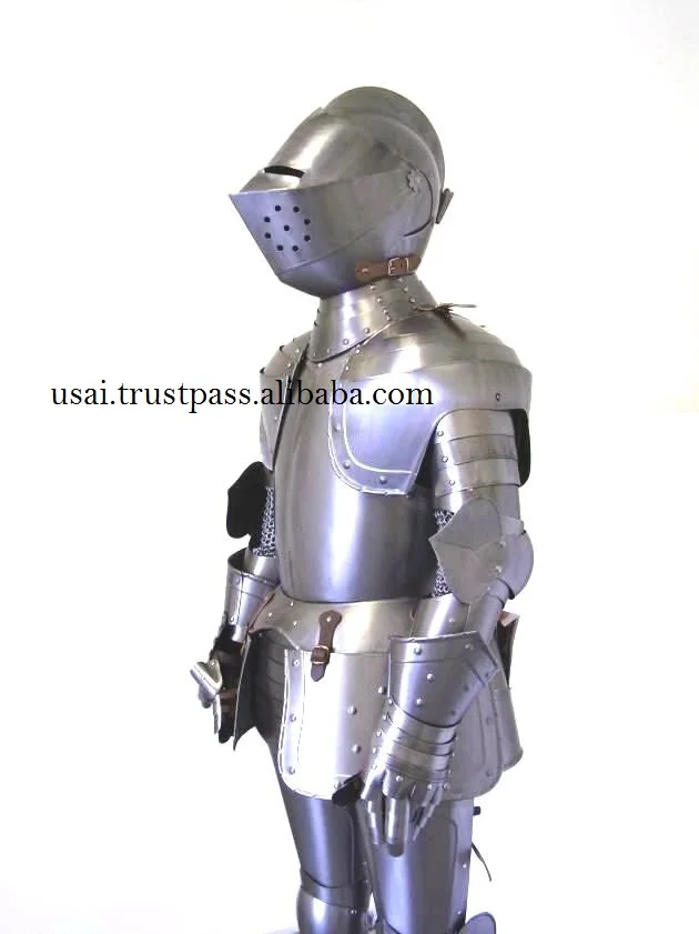 Knight Crusader Medieval Full Suit Of Armor With Brown Nautical Wooden