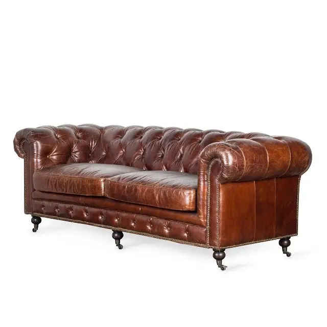 High Quality Chesterfield Vintage Italian Top Grain Genuine Leather Sofa Set Living Room Brown