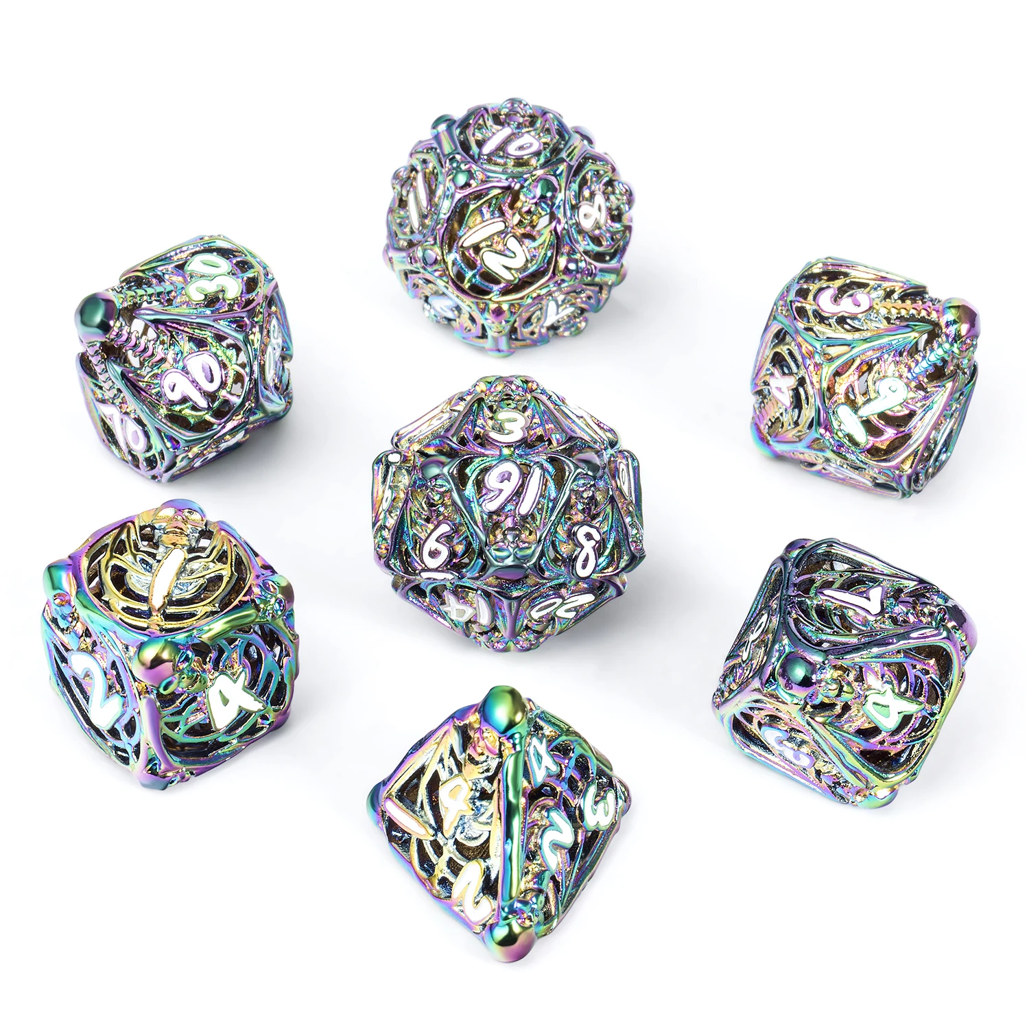 18mm Rainbow Hollow Skull Metal Dice Set D&d D4 D6 D8 D10 D12 D20 D