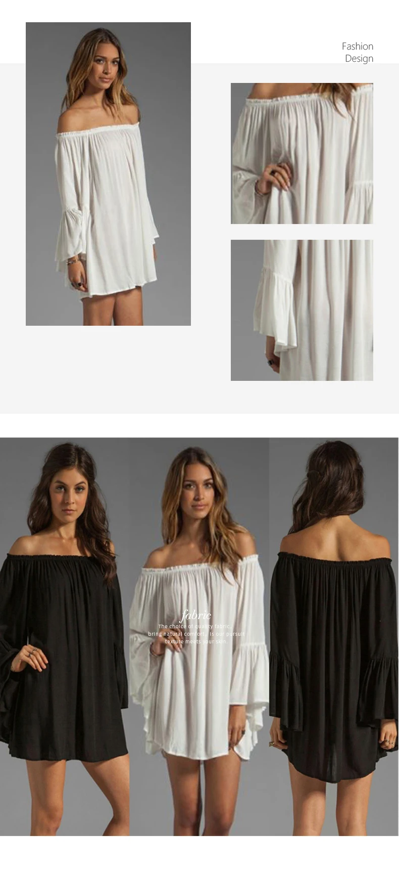 Spot new word shoulder loose chiffon sexy long sleeve dress Women