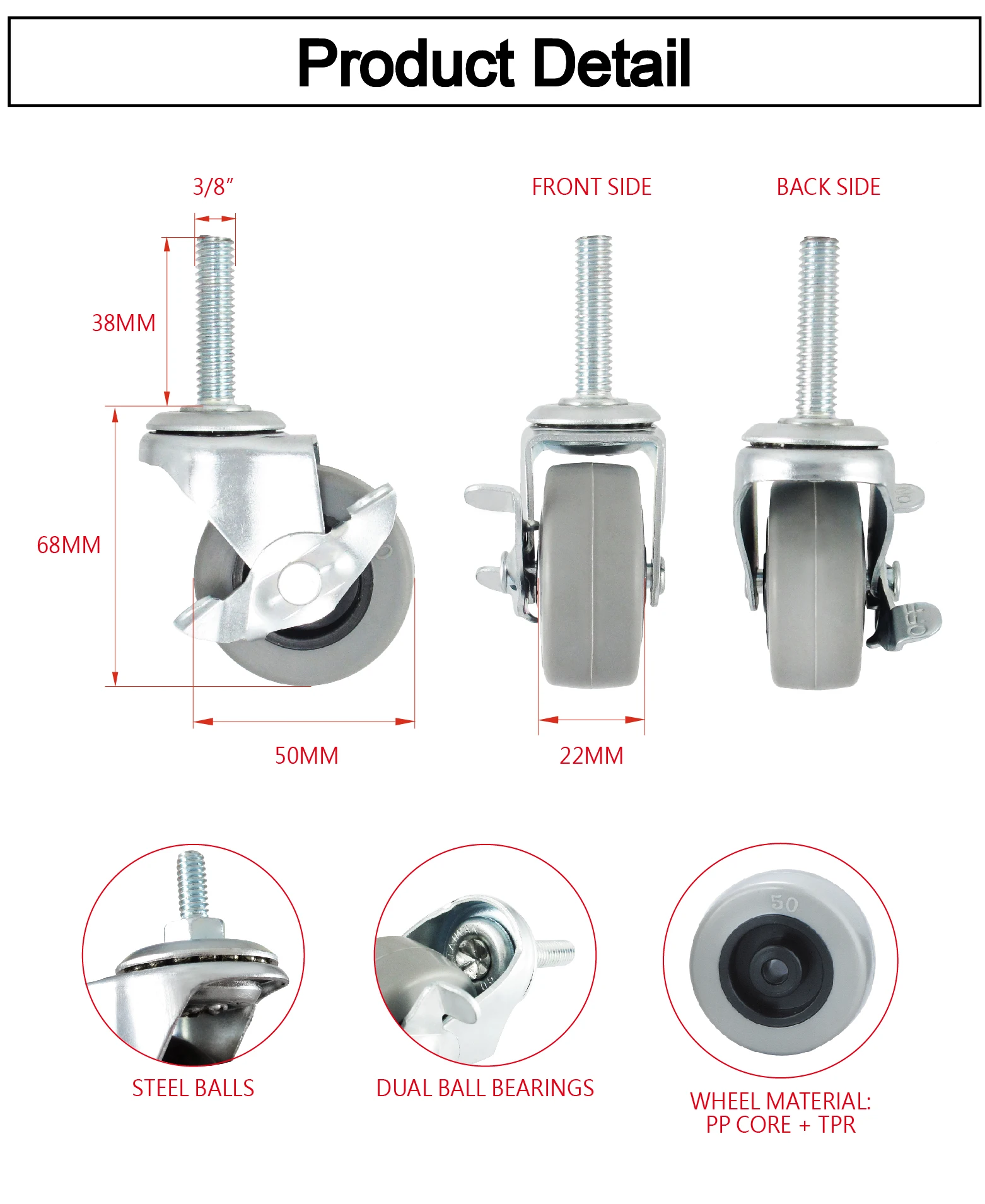 2 Inch Steel 3/8 Thread Stem Small Tpr Swivel Caster Wheel With Side
