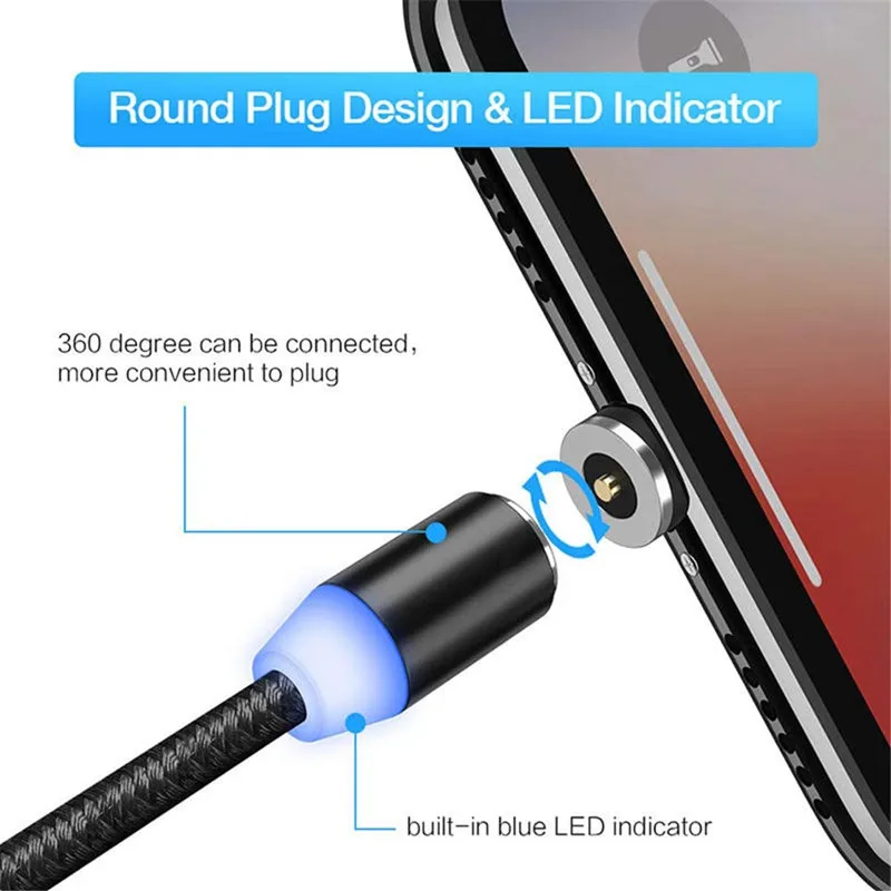 Umigi Fast Charging Nylon Braided 360 Rotatable Blue LED Light 3 in 1 Magnetic Data USB Cable for Micro Lightning Type C - ANKUX.COM