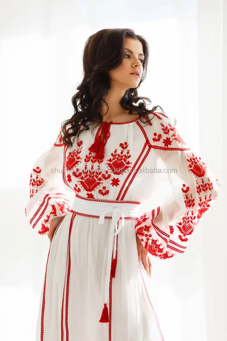 Long New Boho Embroidered Dress Ukrainian Style Ghana Trendy Linen Maxi ...