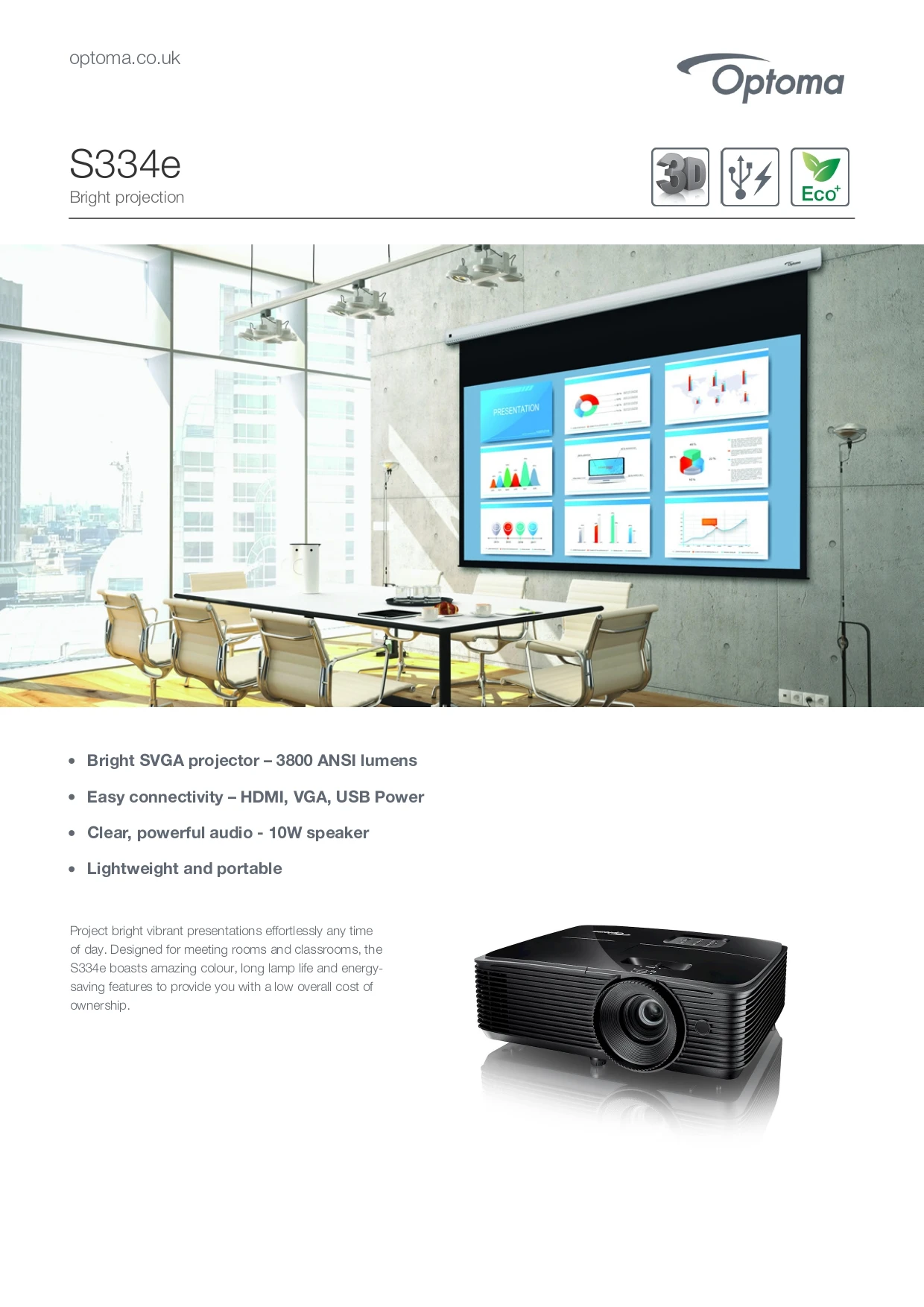 Optoma S334e Svga Dlp 3800 Lumens 