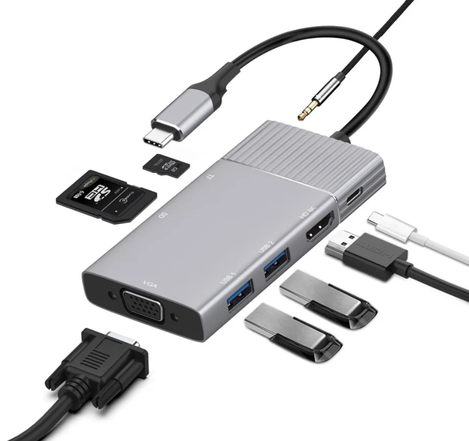 
USB-C HUB 4K VGA HUB SDTF - 9 Ports Type C Docking State SD TF with 3 USB HUB and PD Power H D M I connector 