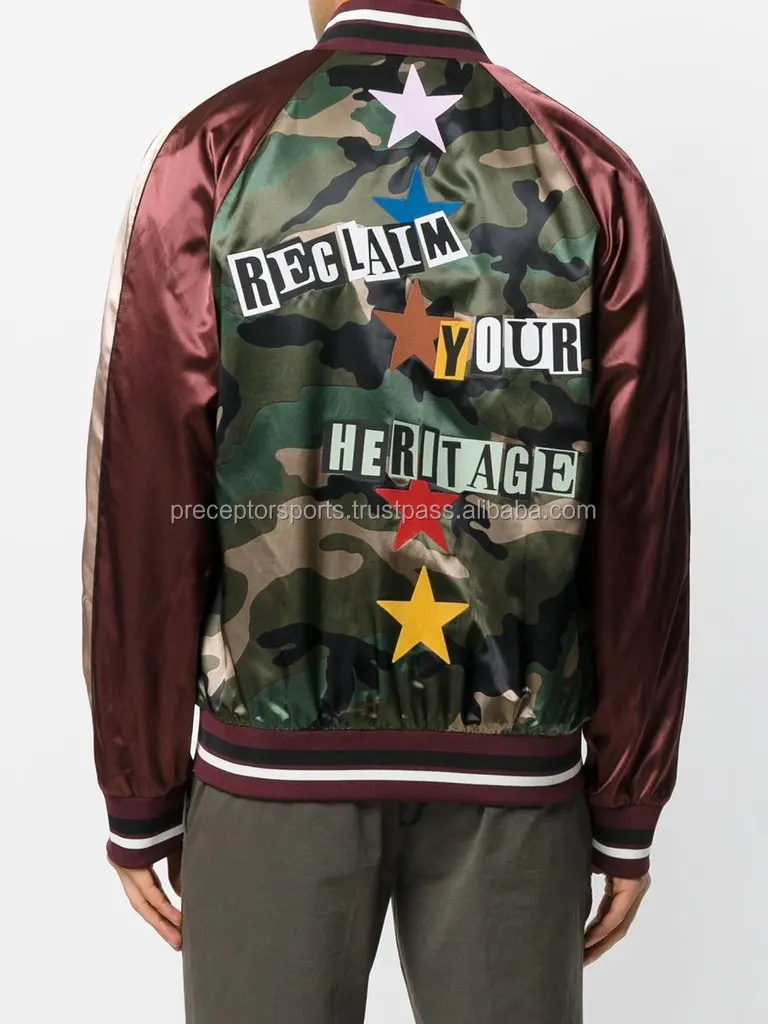Men Latest Two Tone Embroidery Satin Bomber Jacket / Custom Made