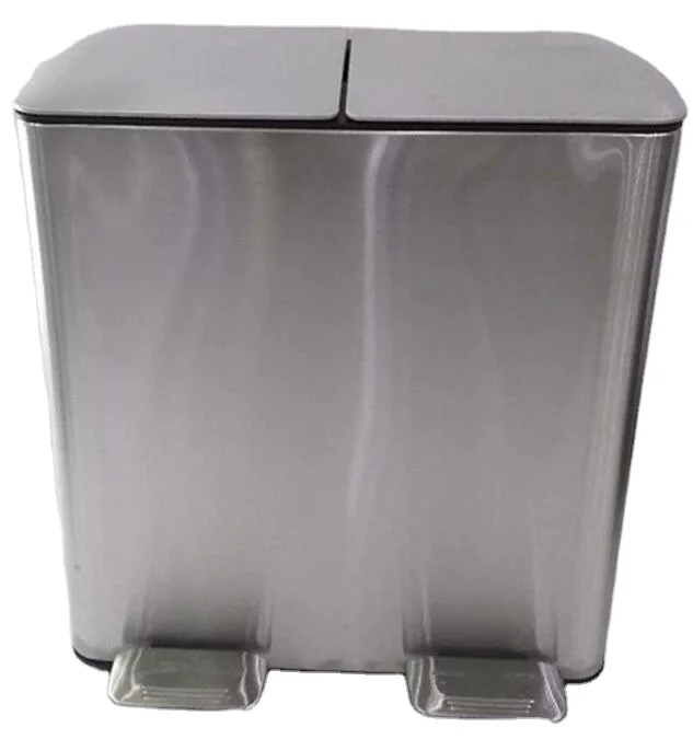 Fine Design Adjustable Stainless Steel Silvery Recyclable Household 60L (2 x 30L) Rectangular Soft Close Pedal Bin