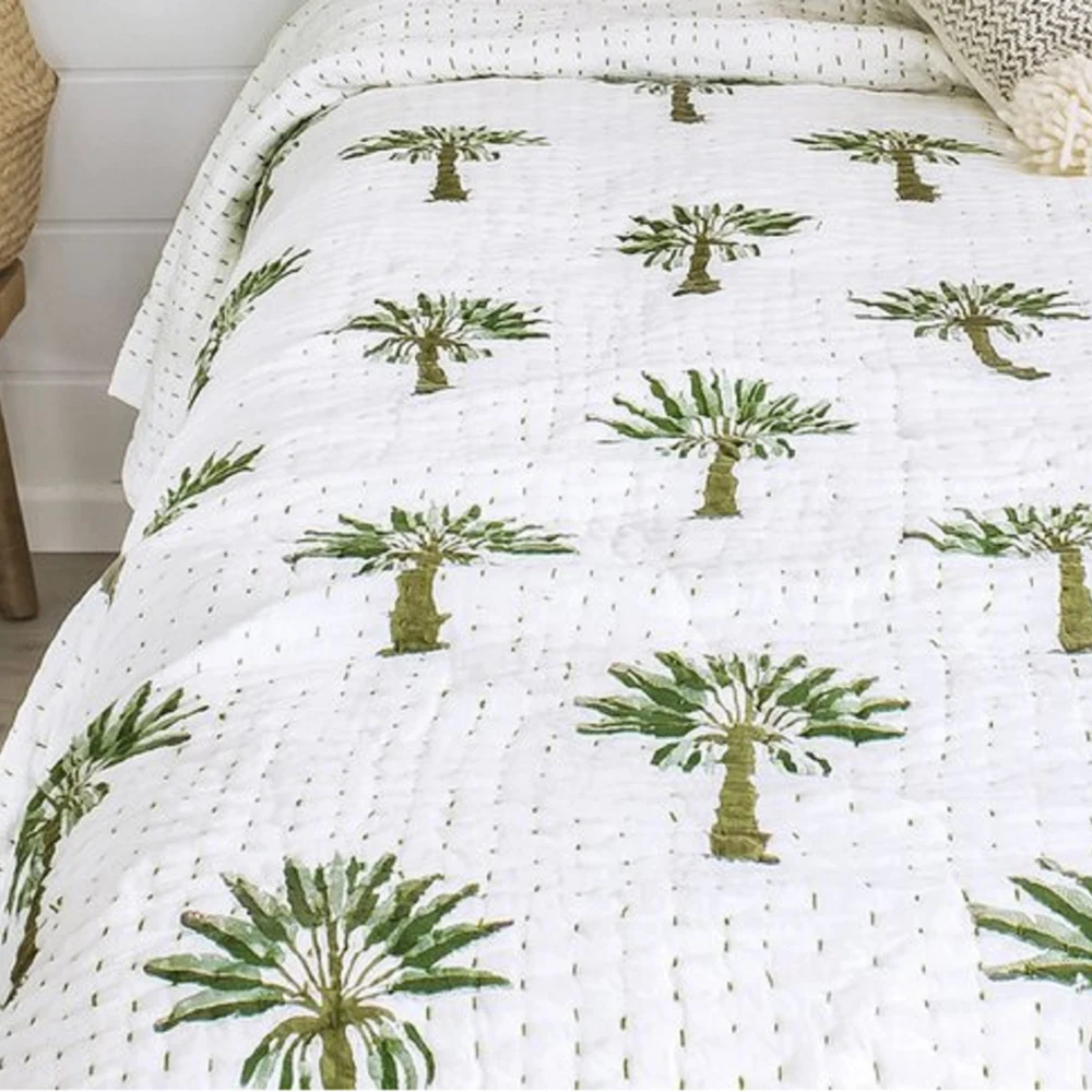 Palm Tree Handmade Boho Kantha Quilt Throw King Bedspread 90x108 Inch