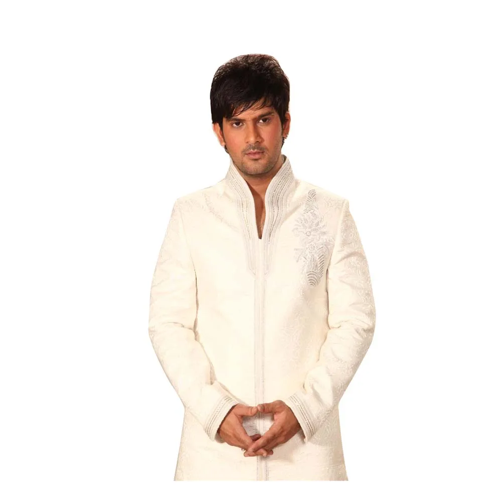 
Saris And Things Highneck White Indo Western Sherwani For Men Cotton Silk Brocade Fabric With Cuttdana And Jacomoti Work 