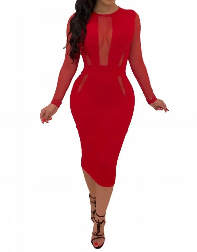 One Piece Hollow Out Sexy Mesh See Through Mid Calf Long Sleeve Mesh Bodycon Party Dresses